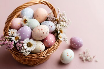 Colorful easter eggs in basket with spring flowers on pastel background