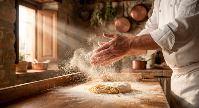 Chef Dusting Flour on Fresh Pasta Dough in Sunlight