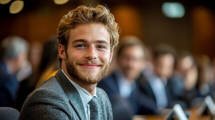 Fototapeta premium A young man with a beard and curly hair smiles warmly at the camera, sitting amidst a blurred background of colleagues or attendees at an event or conference