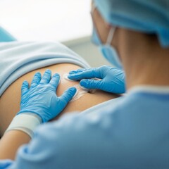 Obraz premium Medical professional applying soothing cream on the back of a patient, wearing blue gloves and scrubs, in a bright clinical environment with soft lighting and a calm atmosphere