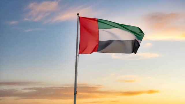 United Arab Emirates flag waving proudly against vibrant sunset sky