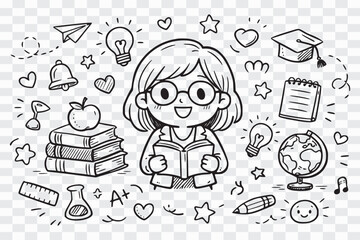 Cute Hand-Drawn Teacher or Student Reading with School and Education Doodles