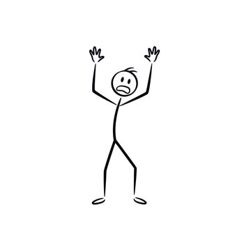 Stick figure with raised hands and frowning face.