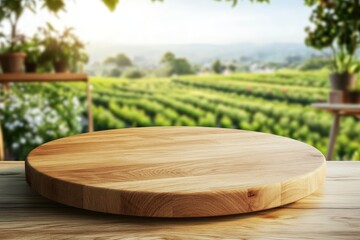A wooden cutting board rests on a table, surrounded by a lush vineyard landscape in the background, creating a serene and inviting atmosphere.