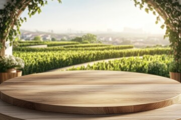 A wooden surface is set against a scenic vineyard view, bathed in warm sunlight, creating a tranquil and inviting atmosphere.