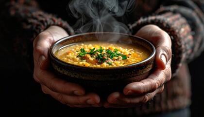 Warm Nourishing Bowl Of Lentil Soup Held In Cupped Hands With Rising Steam And Garnished With Fresh Parsley Against A Dark Textured Background
