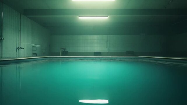 Water reflecting fluorescent light in a deserted, tiled indoor swimming pool, creating a silent and atmospheric scene often associated with liminal spaces, abandonment, and solitude