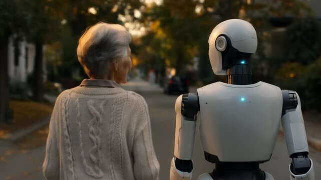 Elderly woman walking with humanoid robot on quiet residential street