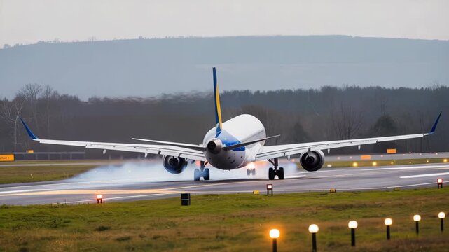 Airplane landing on runway with smoke during touchdown