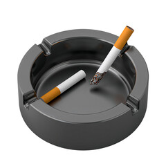 Ashtray with Two Cigarettes, One Lit, Isolated on White Background