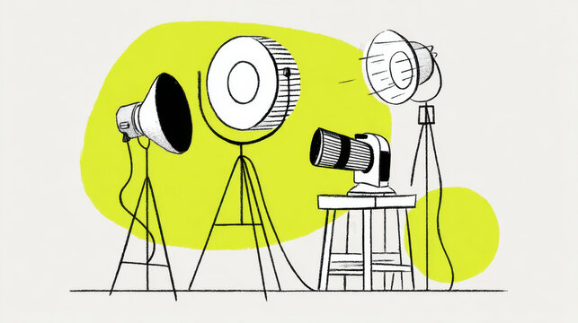 Studio photography lighting spotlight ring light camera tripod equipment line art illustration of photo shoot setup with softbox and lamp on stand, minimal design on green background