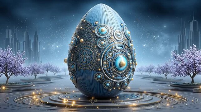 A rotating blue egg adorned with golden mechanical gears and glowing orbs sits on celestial platform, surrounded by cherry blossom trees. 