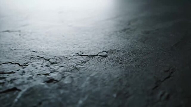 Uneven dark industrial concrete surface with coarse, grainy texture and reflective highlights, gritty abstract backdrop showing weathered, cracked, rugged material and deep shadow