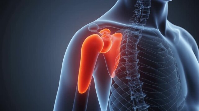 Detailed 3D illustration of human shoulder joint anatomy with highlighted shoulder bone structure visible through transparent body