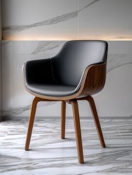 Modern dining chair with black seat, curved wood frame, armrest, and four legs on marble floor, elegant and contemporary style