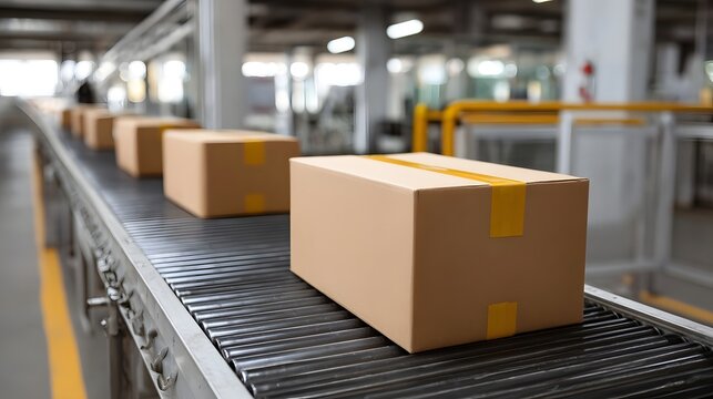 Cardboard boxes are transported along a conveyor belt system within an industrial factory setting