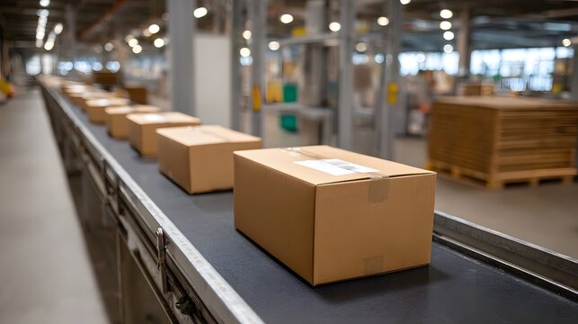 Brown cardboard packages in motion on a dark conveyor belt within a modern distribution and logistics center