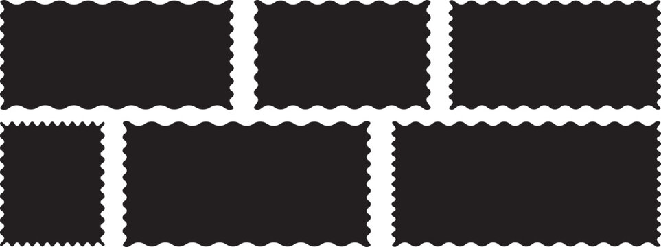 wavy rectangular frames scallop set black. Postage stamp borders. Geometric shapes stickers with zigzag wavy edge. scallop edge shape