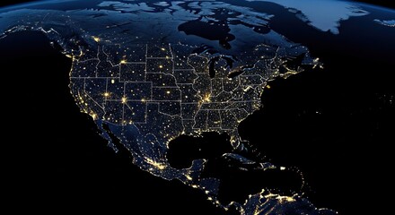 North America city lights glowing brightly at night from space