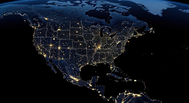 North America city lights glowing brightly at night from space