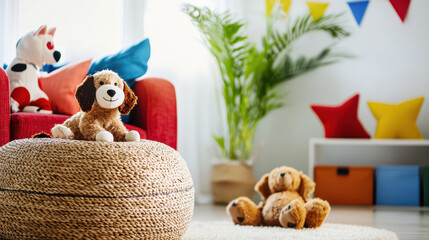 Cozy dog themed play area featuring plush toys, colorful cushions, and woven pouf creates cheerful atmosphere for children