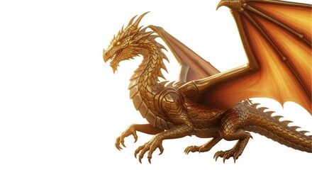 Fototapeta premium Golden light dragon emitting soft radiant glow, warm luminosity felt through the scene, smooth metallic scales, calm majestic posture, isolated on white background, luxury fantasy