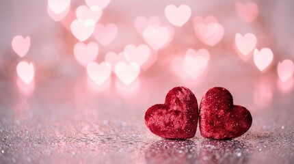 Obraz premium Two Red Velvet Hearts on Romantic Bokeh Background with Glitter and Sparkles