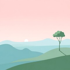 Serene Landscape with Lone Tree on Hill.
