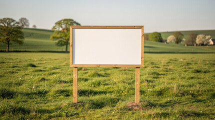 White Rectangular Signboard with Wooden Frame in a Rolling Green Landscape billboard blank