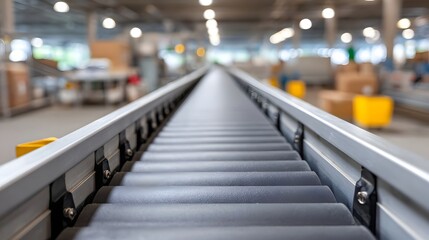 An industrial conveyor belt system in a modern warehouse facilitating efficient movement of goods