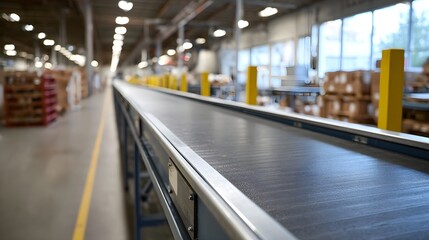 Fototapeta premium Long conveyor belt system operating within a vast well lit industrial warehouse facility