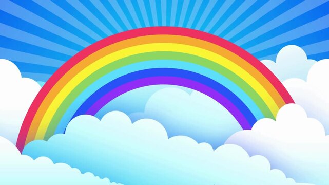 Cartoon Rainbow in Blue Sky with Clouds Background