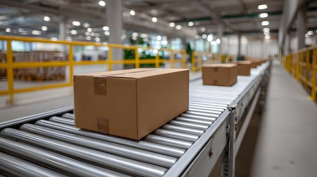 Synchronized movement of cardboard packages on a continuous roller conveyor system in an industrial logistics hub