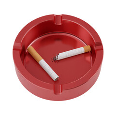 Red Ashtray with Two Cigarettes, One Broken, Isolated on White Background