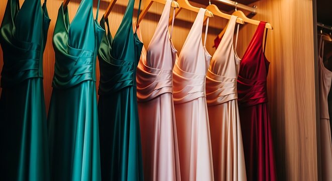Elegant Satin Bridesmaid Dresses Hanging in a Closet for a Wedding