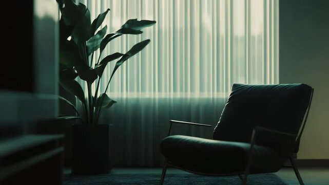 Modern armchair creating an atmosphere of comfort and rest in a dimly lit, contemporary living space with a large potted plant and a window with blinds in the background