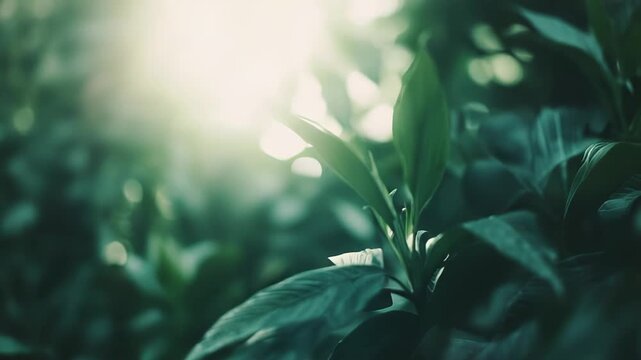 Lush green leaves of tropical plants are catching warm sunlight, creating a soft bokeh background of blurry light circles and refreshing natural beauty