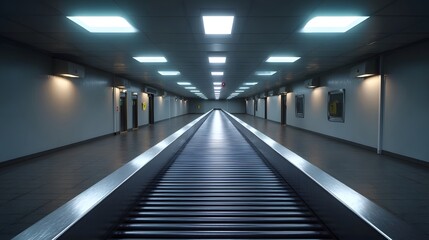 Obraz premium An empty long conveyor belt stretches down a modern sterile and well lit corridor with elevators