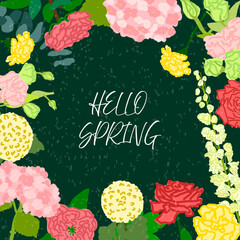 Square floral spring poster with hand-drawn roses, hydrangeas, carnations, eustomas, and delphiniums arranged around a dark green textured background and centered Hello Spring lettering. © Arhipteia
