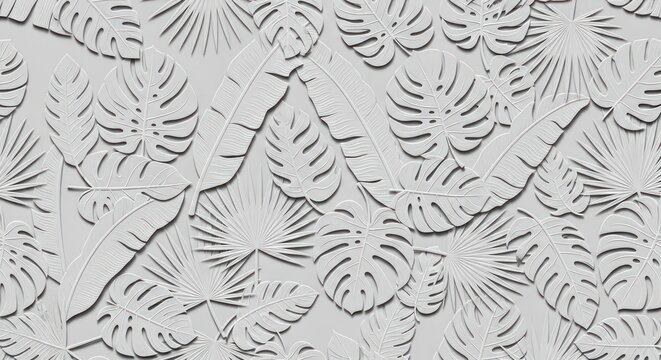 Seamless white embossed tropical leaf pattern on light gray background