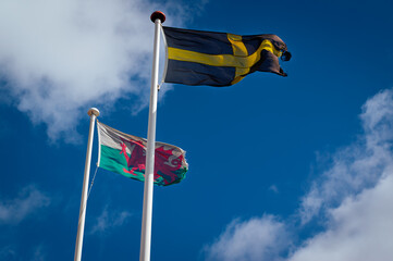 Flag of St David and flag of Wales flying in the wind against a blue sky