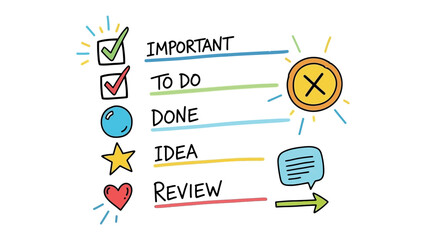 Concept of Task Management: A vibrant illustration showcasing the key elements of task management and organization, highlighting Important, To Do, Done, Idea, and Review with accompanying symbols. © Maira