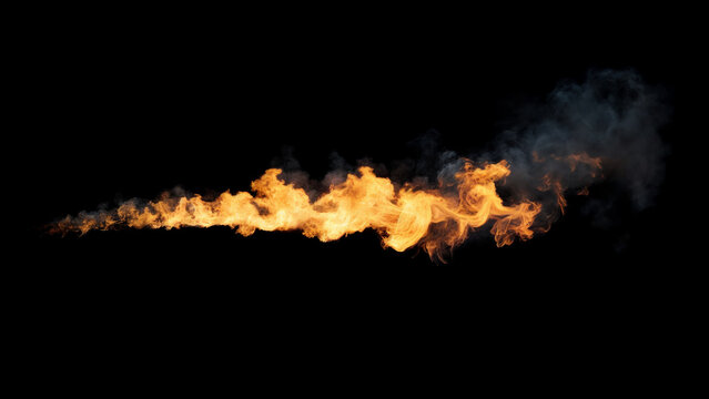 Isolated stream of intense flames with yellow and orange colors and a wispy trail of smoke behind it on a black background