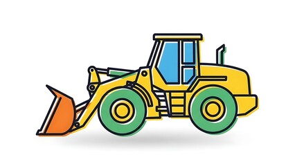 Naklejka premium Vibrant yellow construction loader with green wheels and orange bucket
