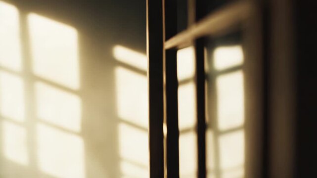 Sunlight brightly illuminating a wall and casting distinct square window shadows, with dark vertical bars creating a sense of confinement, hope, and the passage of time