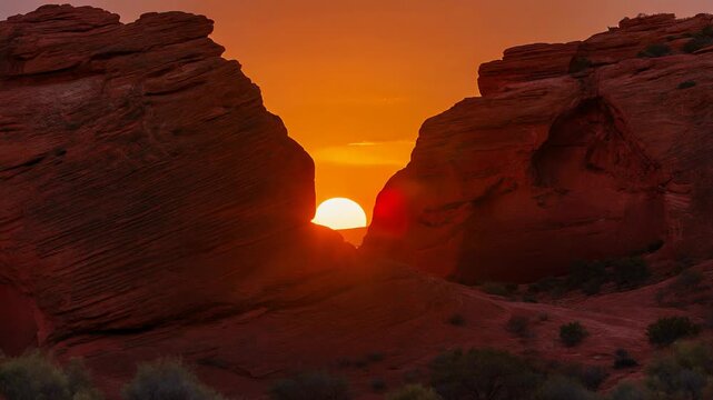 Red rock formation sunset canyon sunrise glow warm desert landscape dramatic sky glowing sky desert shrub sandstone orange rugged