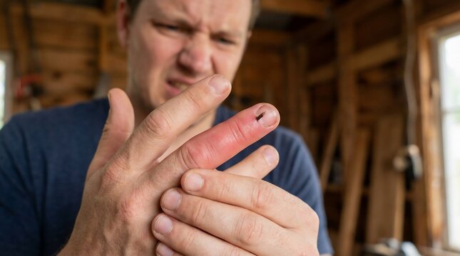 Man examines infected swollen finger in woodworking shop