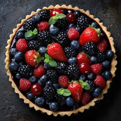 Obraz premium Mixed berry tart in round pastry shell, top view