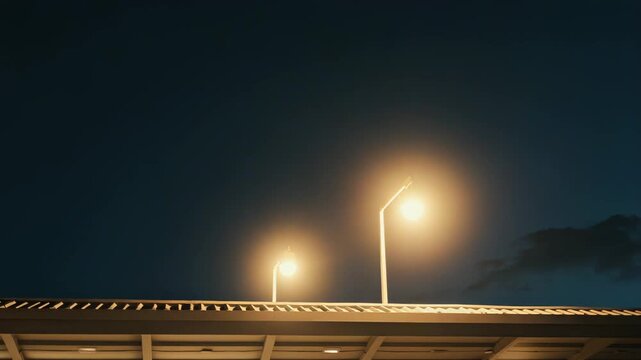 Two streetlights with glowing lamps providing artificial illumination against a monochrome cloudy sky, featuring a building roof structure in the lower section