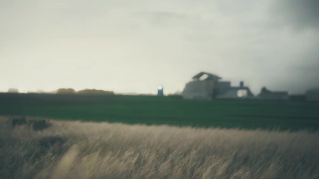 Golden common reed grass swaying in an open field under a moody sky, soft diffuse light highlighting warm autumn tones and creating a serene, atmospheric rural landscape